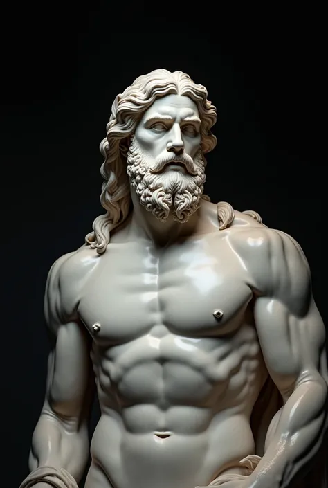 A STOIC GREEK SCULPTURE OF AN ADULT AND STRONG MAN, LONG HAIR, MADE OF MARBLE, WITH BEARD, COVERED TORSO, HALF BODY IMAGE, BLACK BACKGROUND, 4k