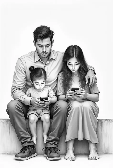 Draw the simplest pencil sketch each person in a family has a phone, making the atmosphere depressing