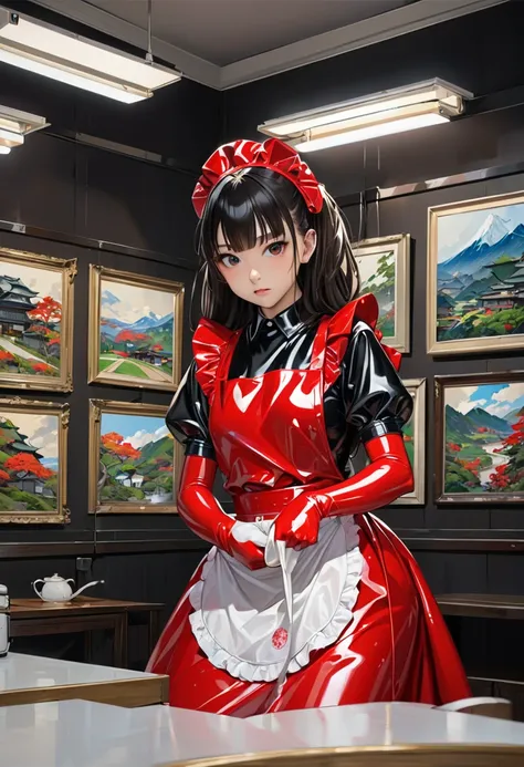 masterpiece,  highest image quality , Portrait painting ,panorama, full length.Japanese sexy ,Model,I am 18 years old .Aggressive.The hair is folded in a bundle at the back of the head. Im wearing a red latex maid suit that covers my entire body. long late...