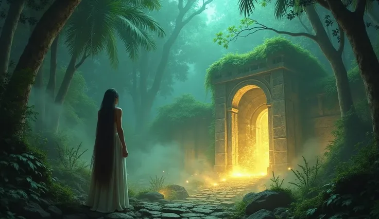 The treasure sparkles alluringly, but Anayra turns away, her focus on the prince and the jungle. The glowing ruins around her seem to agree, with a serene light spreading through the misty forest, symbolizing restored harmony.