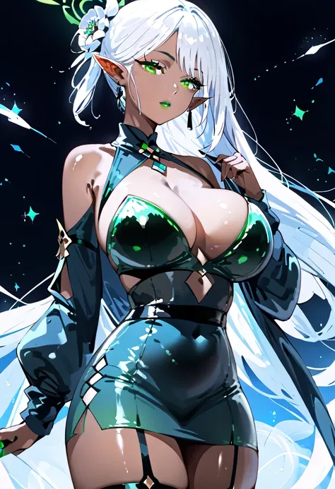 a beautiful girl with dark skin and vitiligo, long white hair, green eyes, elf ears, sexy,curvy,detailed elf costume,fantasy,concept art,vibrant colors, big breasts, whide hips, curvy, sexy, large breasts, NSFW