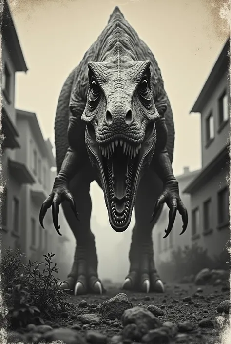 A movie poster for a found-footage/VHS type of movie about a run down world dominaged by dinosaurs. Poster is a black and white scary photo of a therinzinosaurus.