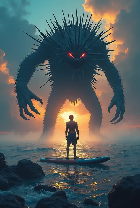  Heroic warrior ,  standing in a fighting position , } standing on a SUP board floating on the sea , facing a smaller one than him,  of a menacing cancer cell ,  which looks like a monstrous , dark ,  spiky creature .  The warrior looks determined and stro...