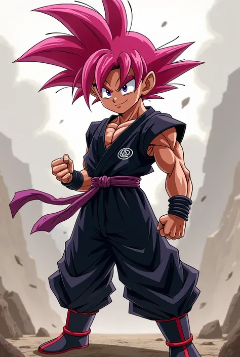  a cartoon of a young Goku with pink hair and black gi, Concept art inspired by Chen Jiru , Art of deviations, what is?, Powerful posture, dragon ball character, dragon ball concept art, Tsukasa Awake, Arte oficial, anime style character, concepto de cuerp...