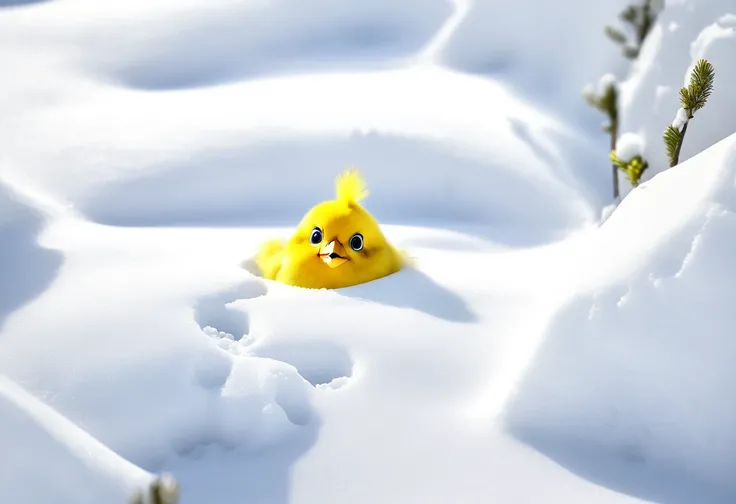 A little yellow bird standing inside of a giant footprint in the snow