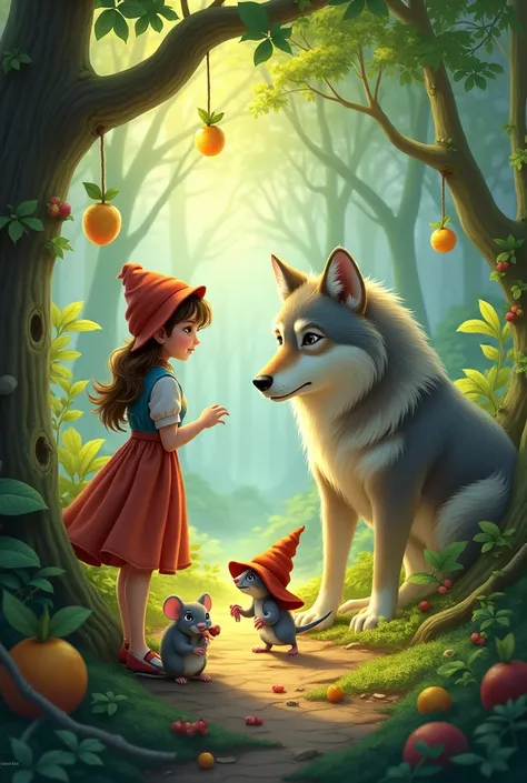 Little mouse, red hat, young woman walking into the forest, little mouse running, wolf, little rat picking fruit, staying with the wolf
