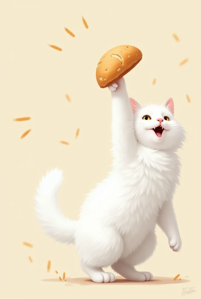 Picture of a white cat hitting bread