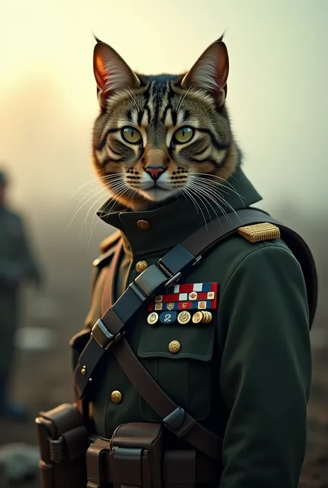 a cat in military suit in the battlefield, mist around , realistic ,dark theme , sun light, Kodak Gold 200 film