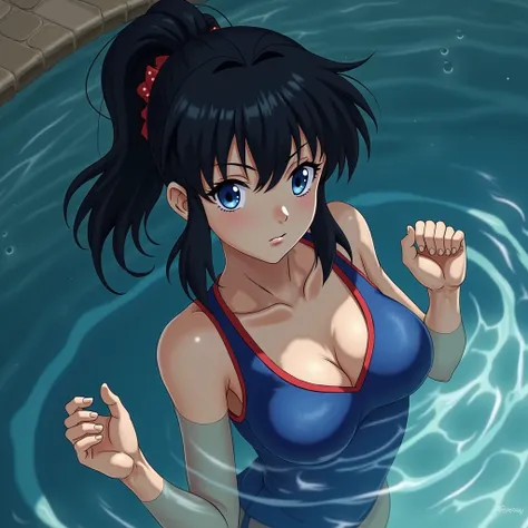  1 woman, Ranma, Saotome Ranji ,Blue Eyes,Martial arts suit ,  ray tracing , Erotic,Ponytail, Short hair, Reflected Light,  partially underwater shot, Dew point