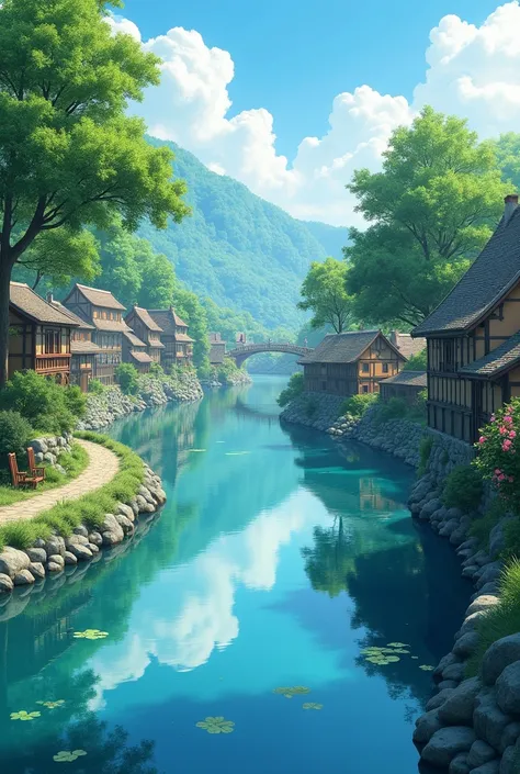 A serene river winding through the village, reflecting the blue sky and the green of the trees