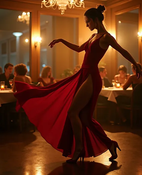 In a stunning fusion of grace and passion, a ballerina-turned-tanguera performs an electrifying tango in the intimate ambiance of an exquisite restaurant. Captured in a medium-close frame, her figure commands the scene, every movement a balance of elegance...