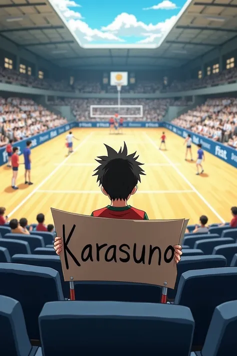 Boy sitting in an auditory seat 
at the volleyball gym
 holding a large paper written "Karasuno" 