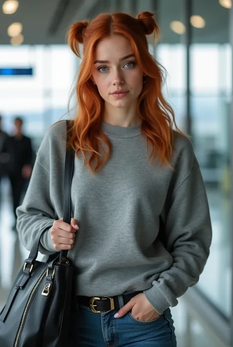 jolie jeune fille, top model , 26 ans,  half-length wavy red hair tied in 2 high pigtails backwards, peau claire, yeux clairs, elle porte un sweat gris et un sac à dos en cuir noir, Shes at the airport  