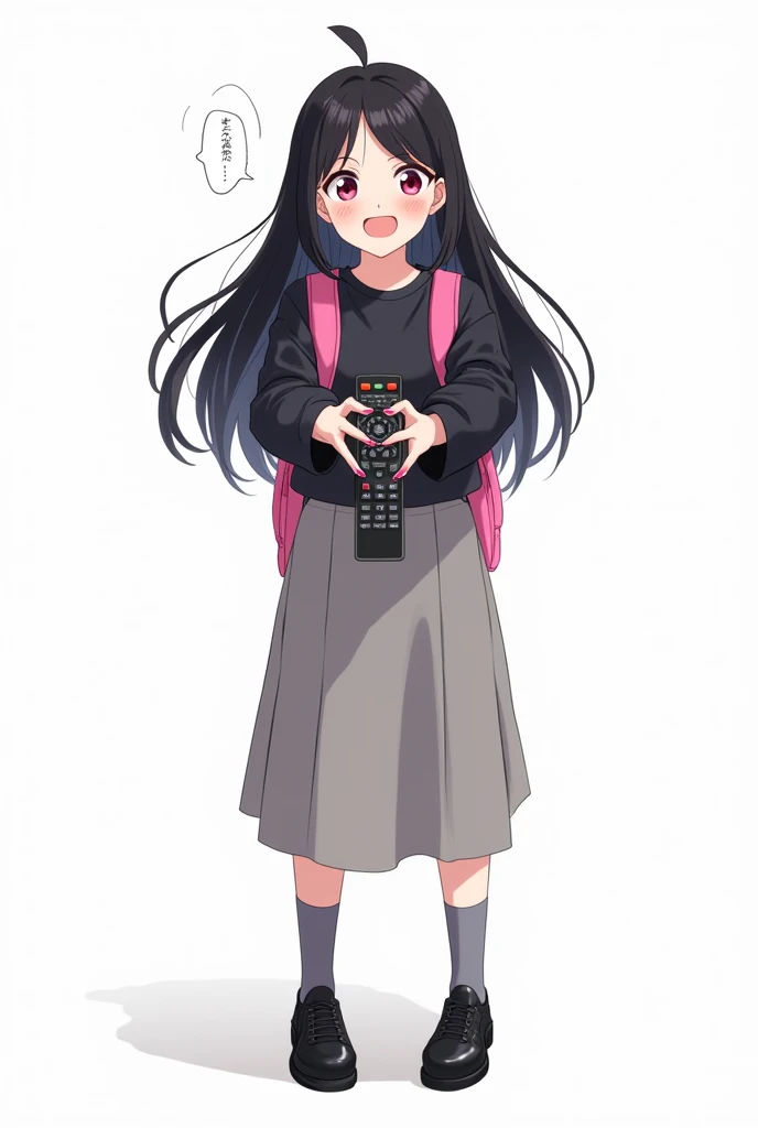 Teenage woman looking forward and black hair standing in front and her legs and wearing black leather shoes and gray knee-high socks And black silk t-shirt with long sleeves and backpack Pink and pink nails gray skirt anime image with a remote control blac...