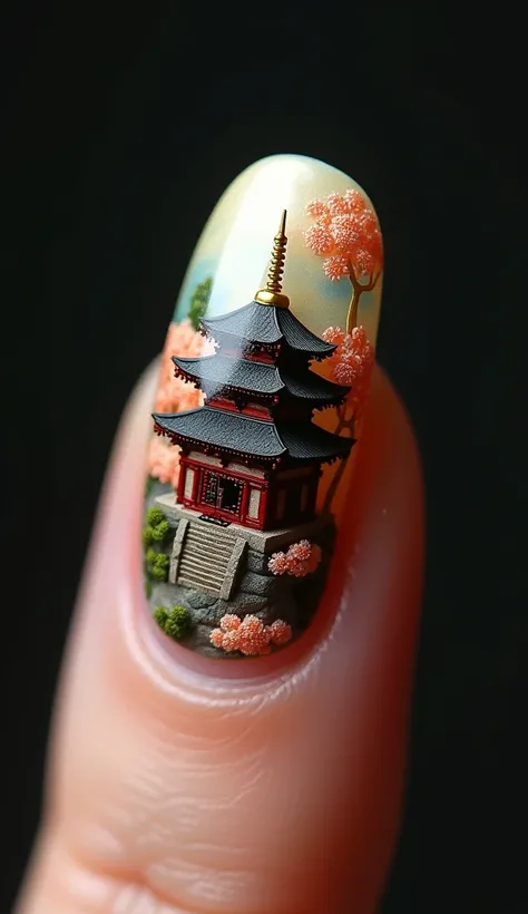 Nail、 Up angle with only nails、繊細なNailアート、Nailの中の世界、The theme of the art is Japans historic temples、Dark colors、 kimono sleeve 、