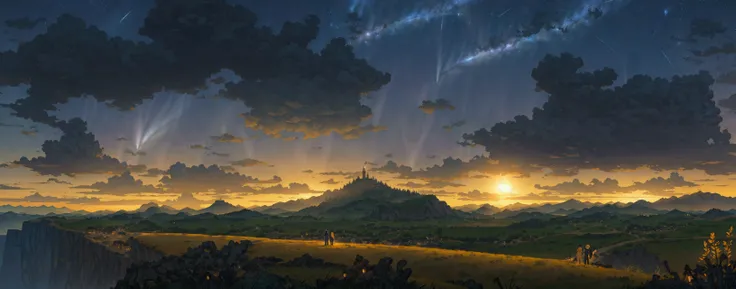 A picture of a mountain ，meteor， starry sky ，The sky is full of stars,  illustration matt painting , Universe sky. by makoto shinkai,  anime rural landscape ,  An ethereal city with twinkling stars at sunset, 梦幻般的Matte Painting, Flat painting,  anime lands...