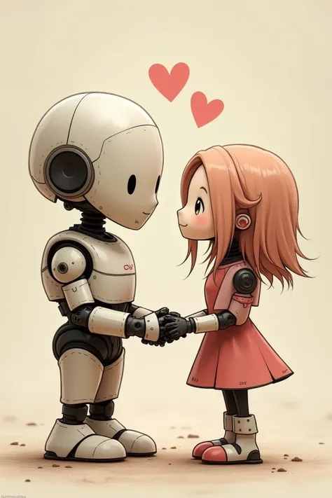 Two animated miniature kawai-like robots in love, where one is a man and is taller and the other is a woman, Make it look like a drawing. 
