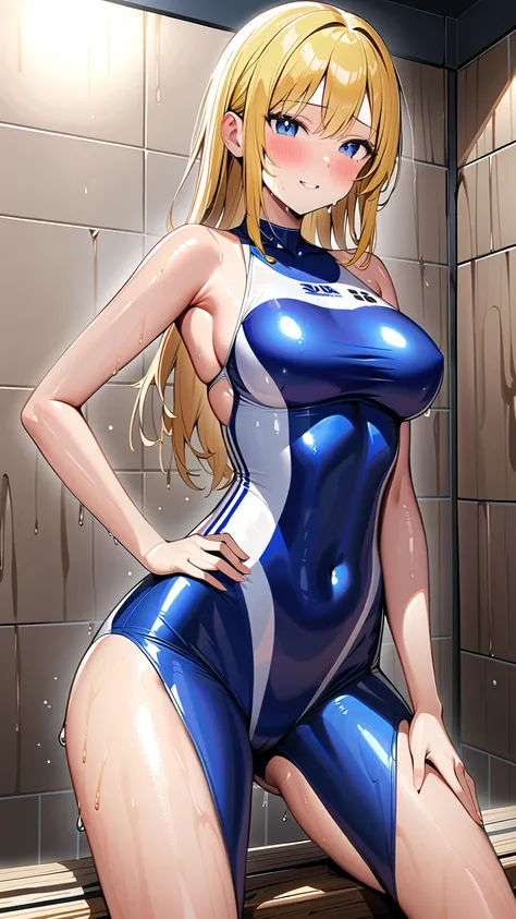  one girl 、tight_swimsuit、shiny_swimsuit 、embarrassing、racing-style_swimsuit 、blue_swimsuit、covered_navel 、medium_breasts 、shiny_skin、best_quality、wet_swimsuit、bathroom,  has a pleasant face、Straddling a log 、 shaking his hips