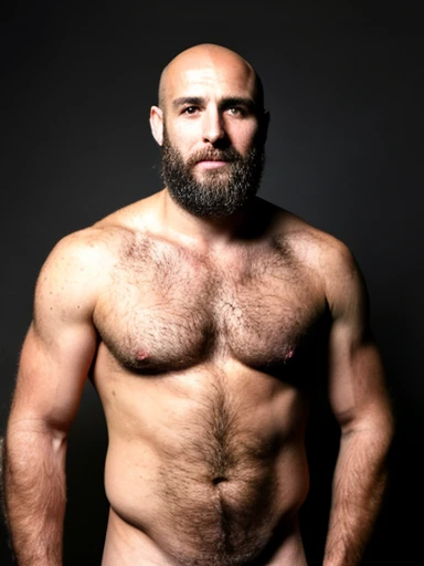 full body, wide shot, very hairy, bearded, italian, bald, tall, male, wet body, football player, posing for a calendar photoshoot, shirtless, very hairy chest, high resolution, nsfw ruggedly handsome, masterpiece, best quality, 1man, 43 year old, naked, nu...