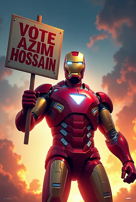 My name is Azim Hossain. Make a poster for vote request.  ironman holding a playcard. wrote Vote Azim  Hossain on that playcard.  Generate e nice poster
