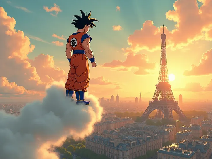 Style ghibli, sangoku, debout sur son nuage supersonic,  dans le ciel de Paris 
