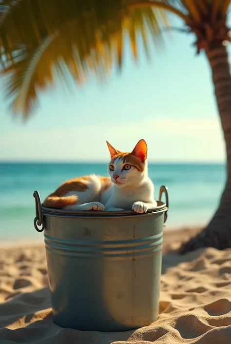 a cat chill out on the ice bucket , hot weather , at noon , on the beach under the tree , cinematic shot , ocean background , dark theme , mood and tone , light and shadow , realistic , 4k ,Photo by Leica M11