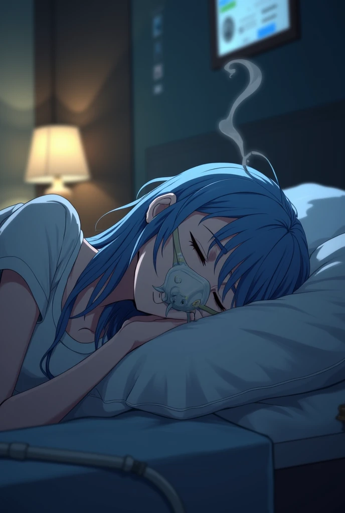 Fait moi le personnage Rem de re:Zero asleep with an oxygen mask (Light smoke comes out of the mask )