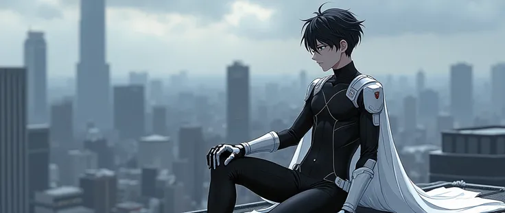 25-year-old anime boy wearing a high-collared black tight bodysuit with white accents, white gloves, white boots, and a white cape, white armored paddings on his torso, armored arm guards, and armored shoulder guards, sitting at the edge of a rooftop