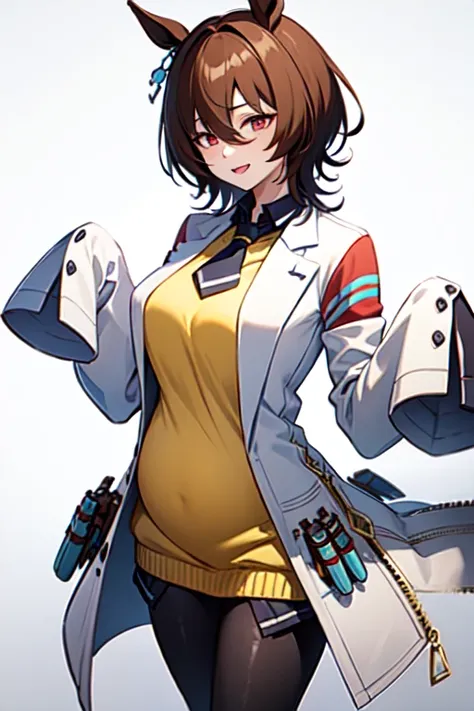  Agnes Tachyon 、Horse Girl、One person、 girl、Horse ears、Horse tail、 earring on one side 、Red eyes、 lines in eyes 、 shorthair、 brown hair 、Jacket、（White coat:1.2)、(bigger sleeve than wrist :1.1)、 yellow big sweater、 ties、 black pantyhose 、Stray hair、best qua...