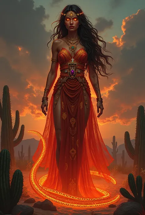 "Illustrate a vibrant Coral Snake deity with a human upper body wrapped in a flowing dress embroidered with magical patterns matching the vivid red, yellow, and black hues of her Coral Snake tail. Her glowing copper-toned skin radiates warmth, and her pier...