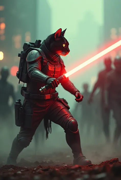 a cat in hi-tech military suit with lightsaber in the battlefield fight the zombies , mist around , realistic , dark theme , city light, Kodak Gold 200 film