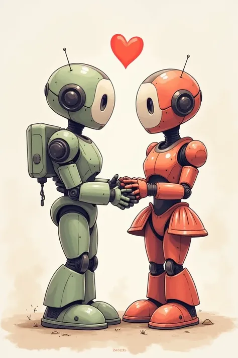 Drawing of two robots Minatura and Kawai in love 