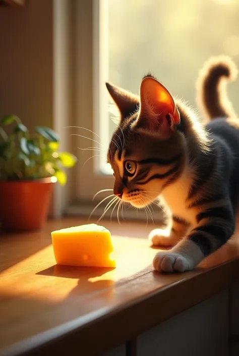 etting: Close-up on the counter where the cheese sits, glowing under the sunlight.

Action: Jerry scurries up the counter to reach the cheese. He nibbles it carefully, but as he turns to leave, his tail accidentally knocks over a stack of pots. They crash ...