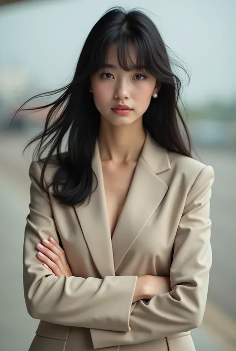  Professional photo of a young woman with dark hair, far away, wavy light beige blazer,  with a wispy fringe bangs hairstyle, arms crossed with an air of serenity . 
