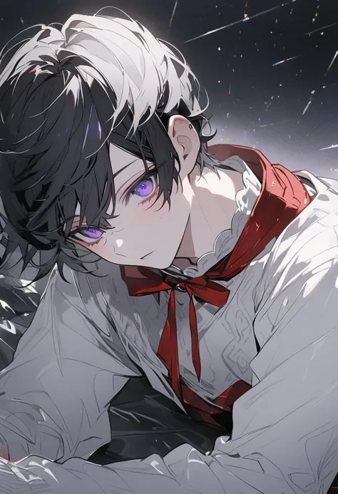 Alone, 1 male, black hair, purple Eyes,Short Hair, Long Sleeve ,Xmas,christmas