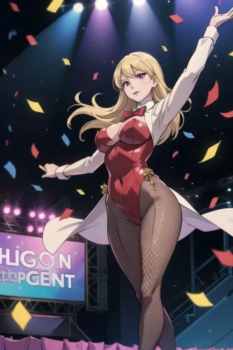 Selene, ftselenecas, long hair, blonde hair, pink eyes, mature female, large breasts, 1girl,solo,magic show,leotard,tailcoat,tophut,fishnet tights,highleg,red bowtie,arms raised,confetti,pigeons fly away,smile,pigeon toed,stage,spot light,best quality,high...