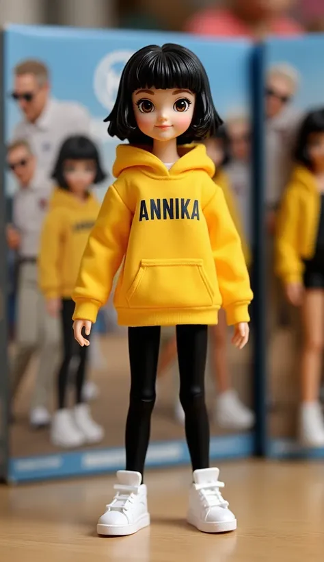 This image features a collection figure of a girl wearing a yellow hoodie with ANNIKA written on the front of her hoodie, black pants, white sneakers . narrowed eyes. short black hair with bangs. This collection figure is positioned in front of its packagi...