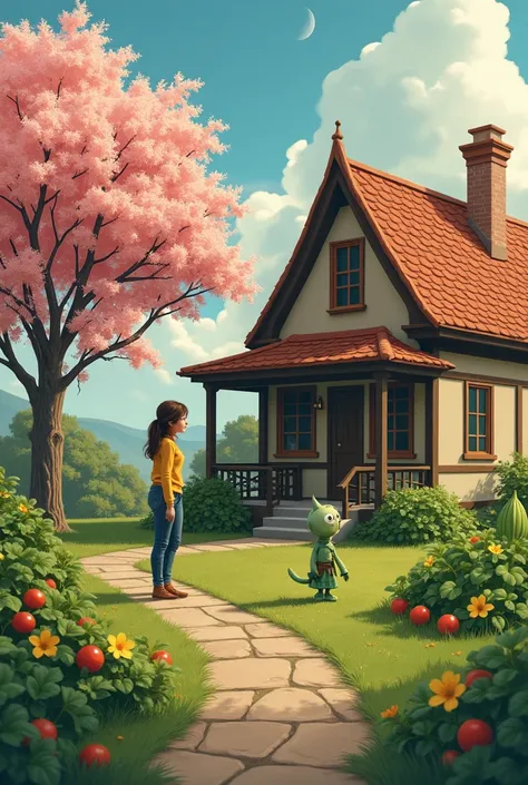 A small house on a planet, next to the house stands a peach blossom tree, a small vegetable garden with mustard greens, tomatoes, and cucumbers. A beautiful girl (around 20 years old) is playing with a mustard greens elf in the front yard.