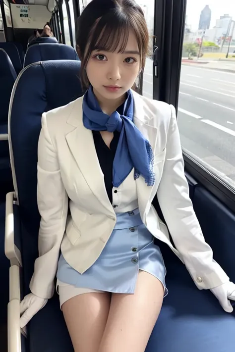  1 Woman 、Alone、(Super beautiful)、( beautiful face:1.5)、 Bus Guide、( feet )、(show me your white panties:1.1)、 Bus Guideユニフォーム、( White Collared Shirt :1.5)、(Blue tailored jacket:1.4)、( miniskirt:1.3)、(Satin scarf:1.5)、(Thin white gloves)、 high heels、 has 、(...