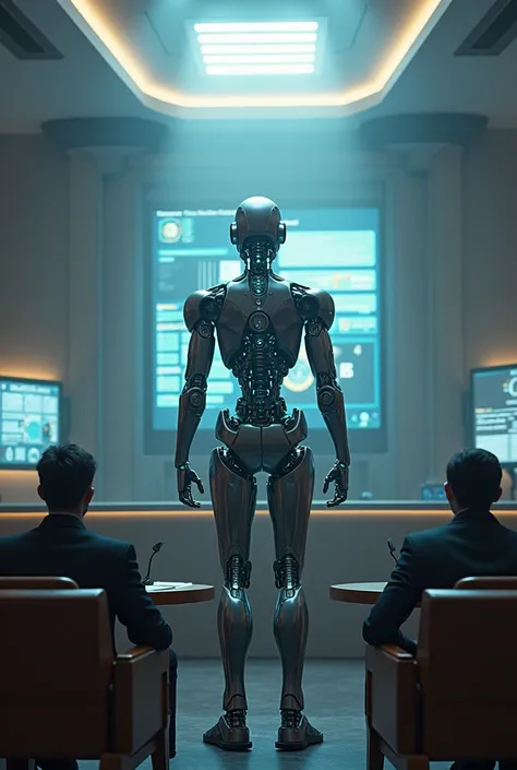 A futuristic humanoid robot in a courtroom shuts down the trial system. 