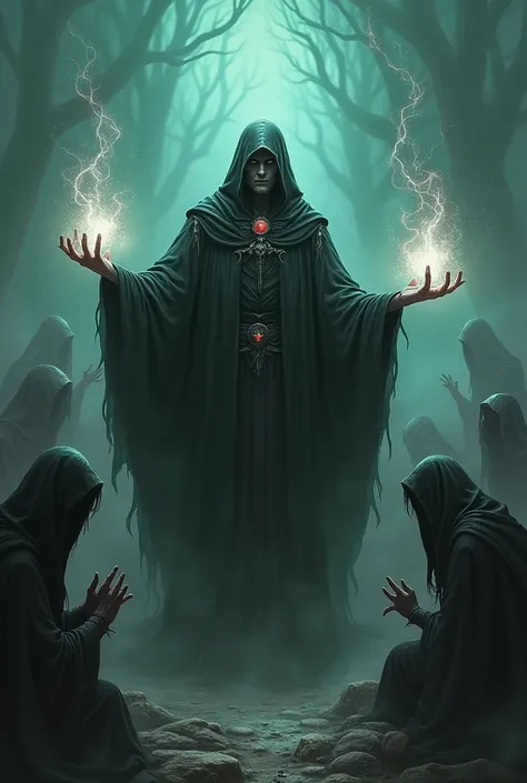 The necromancer with grieving souls around him 