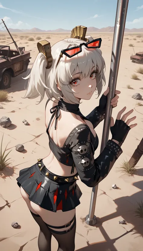  1girl,One,_ZZZ,  Short hair,  short double tails,   hair ornament,  sunglasses ,  on the head , very sexy, in the desert, nasheste ,  revealing underwear, next to the pole , buttocks,  sexy pose,  ulybka,  correct anatomy 1.1., detailed hands, fingers in ...