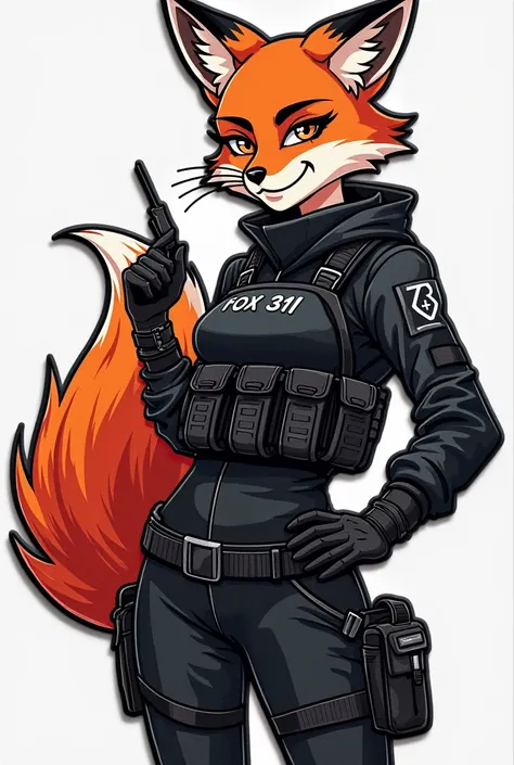 Create a "airsoft patch " with the image of a female fox wearing a black airsoft tactical sweatshirt outfit,  colete chest rig, with the name Op .  Fox³¹ and make an Airsoft vector PATCH, Now take this image and let it be feminine 