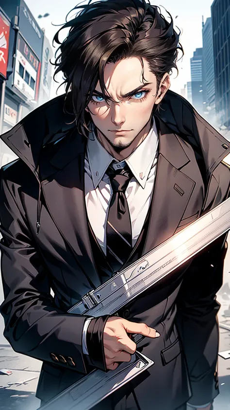 “A tall man in his late 30s, with slick, dark hair and a confident, almost arrogant expression. He wears a stylish black suit with a dark red tie, exuding wealth and power. His eyes are cold and calculating, always watching for opportunities to manipulate ...