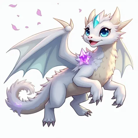 Create an anime style picture of a cute little white fluffy dragon with blue eyes and amethysts in the fur.