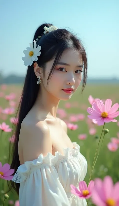 This photograph captures a young Asian woman in a serene outdoor setting, surrounded by a field of blooming pink cosmos flowers. The woman, with a fair complexion and long, straight black hair, is adorned with delicate white floral hairpins that add a touc...