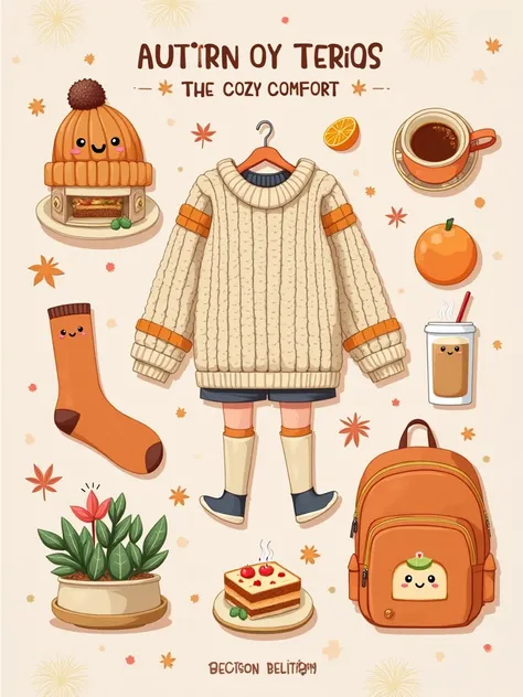 Create an illustration for autumn featuring cozy elements: a knitted sweater, vibrant house plant, warm tea, and a cheerful cake. Include playful items like socks, a hat, and a backpack adorned with fun stickers. Add comforting foods like toast with cute d...