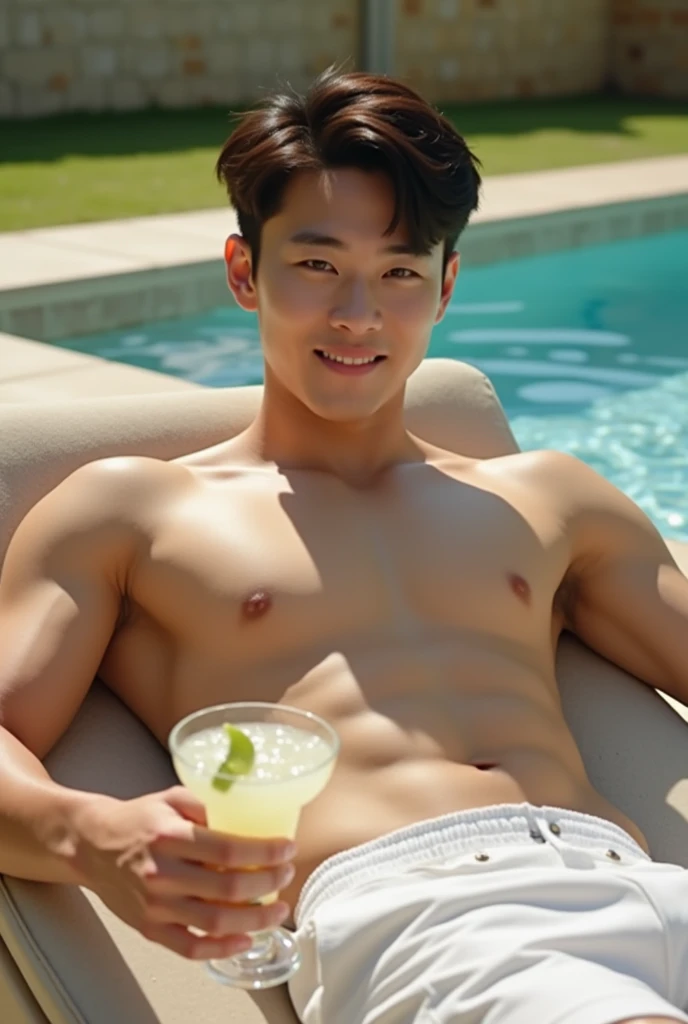 Handsome Korean Young Guy, Photoshoot, Shirtless, Lying Down at Lounger, Brightsun, Abs, White Short Pants, Detailed Face, Detailed Hair Ultra HD, Young Face, Handsome Face, Holding A Glass of Margarita, Happy Face, Young Face, Full Body, Shot from far ang...