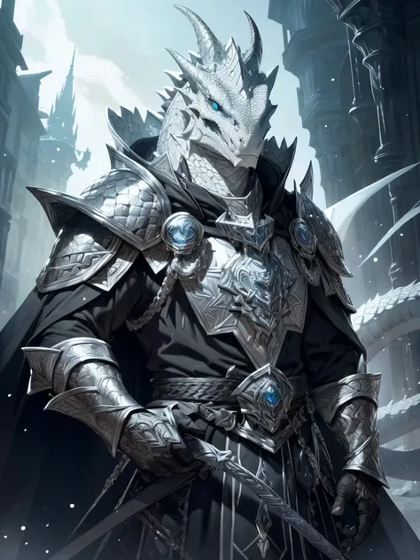 (White Dragon people, male, Silver Horn , portrait, Perseverance,  Holding a Greatsword , black scales, scales,  Reptile Face ,  blue eyes ) Tail, buff,  Black and Silver Armor ,  Black and Silver Breastplate ,  Black and Silver Gloves ,  Black and Silver ...