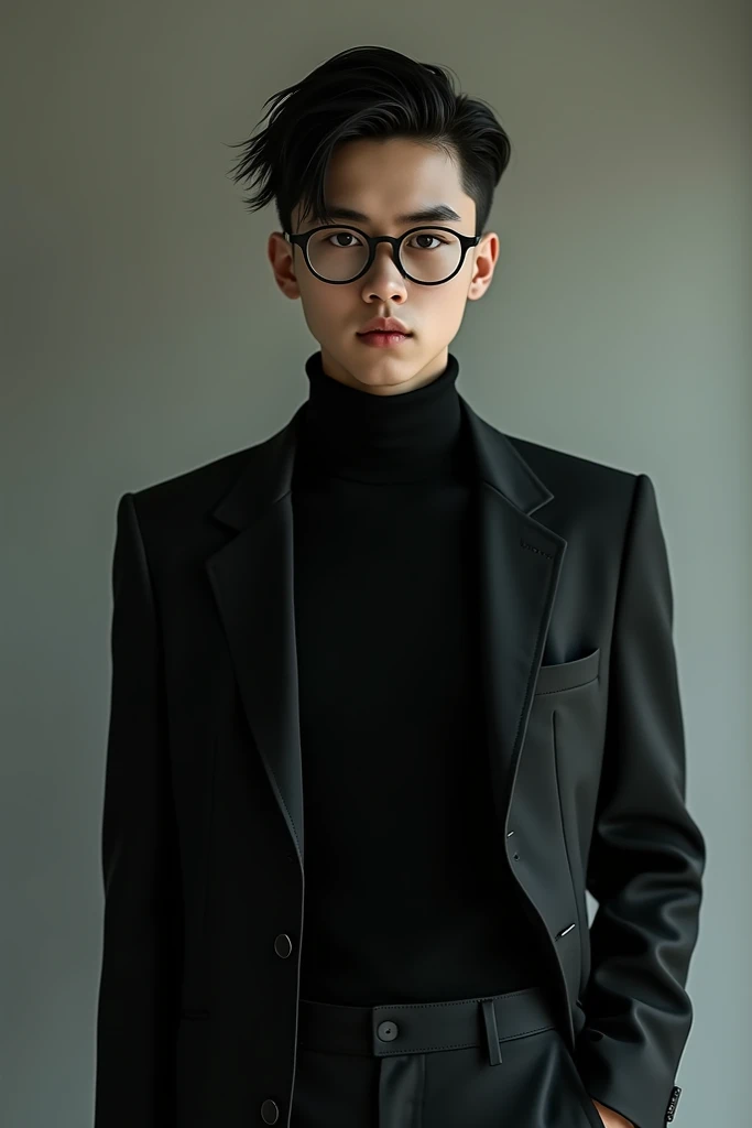 A tall, handsome teenage boy with slicked-back hair, wearing spectacles, a black turtleneck tucked into sleek slacks, and black high-top shoes.